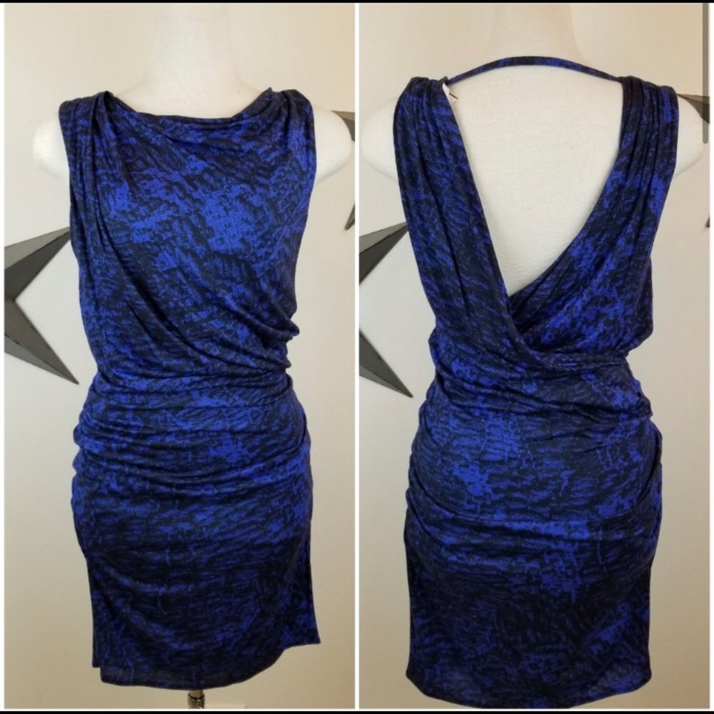 Helmut Lang Blue and Black Draped Back Sheath Dress